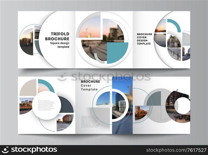 Vector layout of square covers design templates for trifold brochure, flyer, cover design, book, brochure cover. Background with abstract circle round banners. Corporate business concept template. Vector layout of square covers design templates for trifold brochure, flyer, cover design, book, brochure cover. Background with abstract circle round banners. Corporate business concept template.