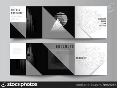 Vector layout of square covers design templates for trifold brochure, flyer, cover design, book design.Black color technology background. Digital visualization of science, medicine, technology concept.. Vector layout of square covers design templates for trifold brochure, flyer, cover design, book design.Black color technology background. Digital visualization of science, medicine, technology concept