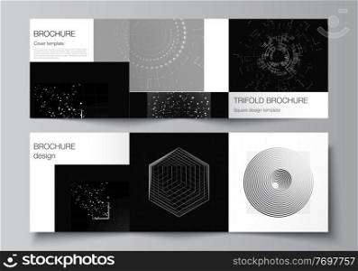Vector layout of square covers design templates for trifold brochure, flyer, cover design, book design.Black color technology background. Digital visualization of science, medicine, technology concept.. Vector layout of square covers design templates for trifold brochure, flyer, cover design, book design.Black color technology background. Digital visualization of science, medicine, technology concept