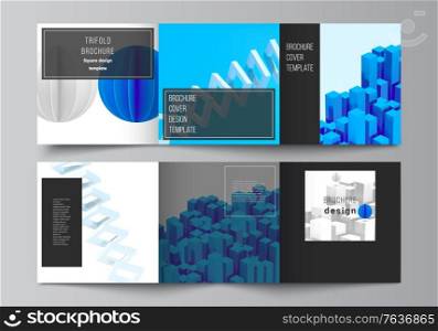 Vector layout of square covers design templates for trifold brochure, flyer, magazine, cover design, book design. 3d render vector composition with dynamic realistic geometric blue shapes in motion. Vector layout of square covers design templates for trifold brochure, flyer, magazine, cover design, book design. 3d render vector composition with dynamic realistic geometric blue shapes in motion.