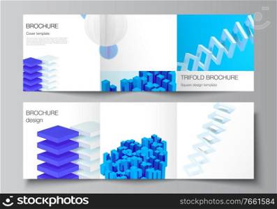 Vector layout of square covers design templates for trifold brochure, flyer, magazine, cover design, book design. 3d render vector composition with dynamic realistic geometric blue shapes in motion. Vector layout of square covers design templates for trifold brochure, flyer, magazine, cover design, book design. 3d render vector composition with dynamic realistic geometric blue shapes in motion.