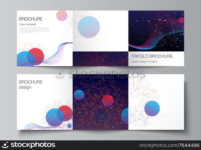 Vector layout of square covers templates for trifold brochure, flyer, cover design, book design, brochure cover. Artificial intelligence, big data visualization. Quantum computer technology concept. Vector layout of square covers templates for trifold brochure, flyer, cover design, book design, brochure cover. Artificial intelligence, big data visualization. Quantum computer technology concept.