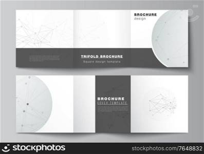 Vector layout of square covers templates for trifold brochure, flyer, cover design, book design, brochure cover. Gray technology background with connecting lines and dots. Network concept.. Vector layout of square covers templates for trifold brochure, flyer, cover design, book design, brochure cover. Gray technology background with connecting lines and dots. Network concept