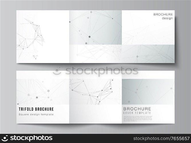 Vector layout of square covers templates for trifold brochure, flyer, cover design, book design, brochure cover. Gray technology background with connecting lines and dots. Network concept.. Vector layout of square covers templates for trifold brochure, flyer, cover design, book design, brochure cover. Gray technology background with connecting lines and dots. Network concept