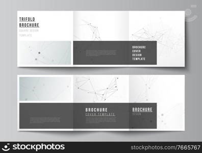 Vector layout of square covers templates for trifold brochure, flyer, cover design, book design, brochure cover. Gray technology background with connecting lines and dots. Network concept.. Vector layout of square covers templates for trifold brochure, flyer, cover design, book design, brochure cover. Gray technology background with connecting lines and dots. Network concept