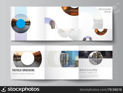 Vector layout of square covers templates for trifold brochure, flyer, magazine, cover design, book design, brochure cover. Background template with rounds, circles for IT, technology in minimal style. Vector layout of square covers templates for trifold brochure, flyer, magazine, cover design, book design, brochure cover. Background template with rounds, circles for IT, technology in minimal style.