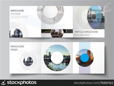 Vector layout of square covers templates for trifold brochure, flyer, magazine, cover design, book design, brochure cover. Background template with rounds, circles for IT, technology in minimal style. Vector layout of square covers templates for trifold brochure, flyer, magazine, cover design, book design, brochure cover. Background template with rounds, circles for IT, technology in minimal style.
