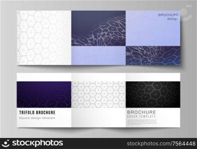 Vector layout of square format covers design templates for trifold brochure. Digital technology and big data concept with hexagons, connecting dots and lines, polygonal science medical background. Vector layout of square format covers design templates for trifold brochure. Digital technology and big data concept with hexagons, connecting dots and lines, polygonal science medical background.
