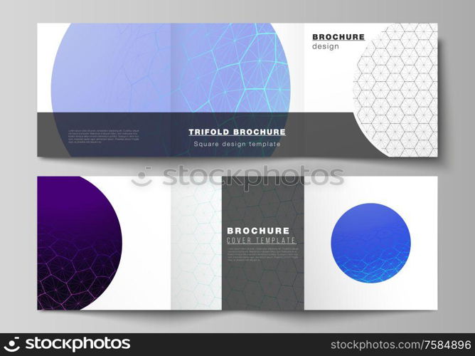 Vector layout of square format covers design templates for trifold brochure. Digital technology and big data concept with hexagons, connecting dots and lines, polygonal science medical background. Vector layout of square format covers design templates for trifold brochure. Digital technology and big data concept with hexagons, connecting dots and lines, polygonal science medical background.