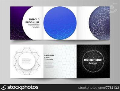 Vector layout of square format covers design templates for trifold brochure. Digital technology and big data concept with hexagons, connecting dots and lines, polygonal science medical background. Vector layout of square format covers design templates for trifold brochure. Digital technology and big data concept with hexagons, connecting dots and lines, polygonal science medical background.