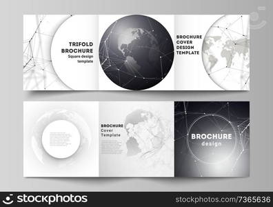 Vector layout of square format covers design templates for trifold brochure, flyer. Futuristic design with world globe, connecting lines and dots. Global network connections, technology concept. Vector layout of square format covers design templates for trifold brochure, flyer. Futuristic design with world globe, connecting lines and dots. Global network connections, technology concept.