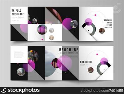 Vector layout of square format covers design templates for trifold brochure, flyer. Simple design futuristic concept. Creative background with pink circles and round shapes that form planets and stars.. Vector layout of square format covers design templates for trifold brochure, flyer. Simple design futuristic concept. Creative background with pink circles and round shapes that form planets and stars