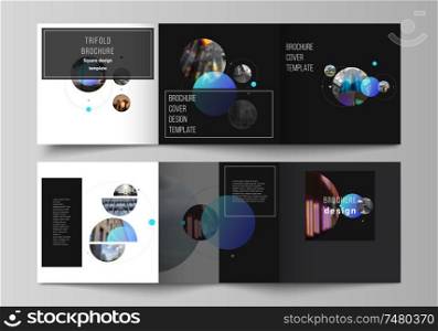 Vector layout of square format covers design templates for trifold brochure, flyer. Simple design futuristic concept. Creative background with blue circles and round shapes that form planets and stars.. Vector layout of square format covers design templates for trifold brochure, flyer. Simple design futuristic concept. Creative background with blue circles and round shapes that form planets and stars