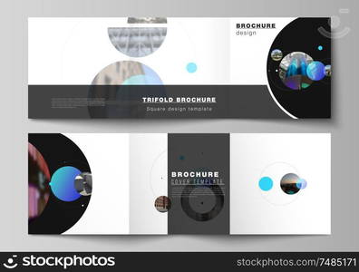 Vector layout of square format covers design templates for trifold brochure, flyer. Simple design futuristic concept. Creative background with blue circles and round shapes that form planets and stars.. Vector layout of square format covers design templates for trifold brochure, flyer. Simple design futuristic concept. Creative background with blue circles and round shapes that form planets and stars