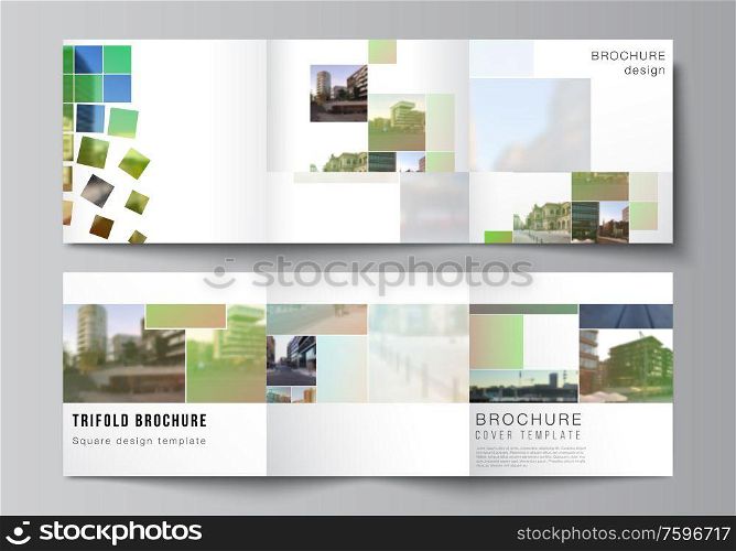 Vector layout of square format covers design templates for trifold brochure, flyer, cover design, book design, brochure cover. Abstract project with clipping mask green squares for your photo. Vector layout of square format covers design templates for trifold brochure, flyer, cover design, book design, brochure cover. Abstract project with clipping mask green squares for your photo.
