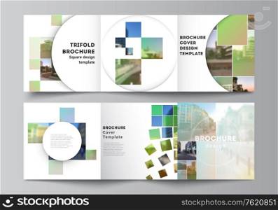 Vector layout of square format covers design templates for trifold brochure, flyer, cover design, book design, brochure cover. Abstract project with clipping mask green squares for your photo. Vector layout of square format covers design templates for trifold brochure, flyer, cover design, book design, brochure cover. Abstract project with clipping mask green squares for your photo.