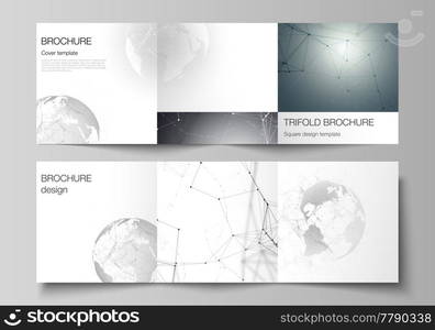 Vector layout of square format covers design templates for trifold brochure, flyer. Futuristic design with world globe, connecting lines and dots. Global network connections, technology concept. Vector layout of square format covers design templates for trifold brochure, flyer. Futuristic design with world globe, connecting lines and dots. Global network connections, technology concept.