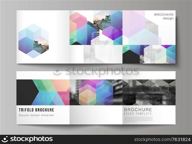 Vector layout of square format covers design templates with colorful hexagons, geometric shapes, tech background for trifold brochure, flyer, magazine, cover design, book design, brochure cover. Vector layout of square format covers design templates with colorful hexagons, geometric shapes, tech background for trifold brochure, flyer, magazine, cover design, book design, brochure cover.