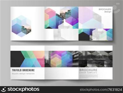 Vector layout of square format covers design templates with colorful hexagons, geometric shapes, tech background for trifold brochure, flyer, magazine, cover design, book design, brochure cover. Vector layout of square format covers design templates with colorful hexagons, geometric shapes, tech background for trifold brochure, flyer, magazine, cover design, book design, brochure cover.