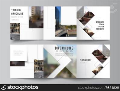 Vector layout of square format covers design templates with geometric simple shapes, lines and photo place for trifold brochure, flyer, magazine, cover design, book, brochure cover. Vector layout of square format covers design templates with geometric simple shapes, lines and photo place for trifold brochure, flyer, magazine, cover design, book, brochure cover.