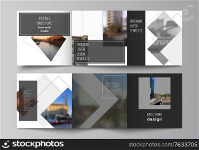 Vector layout of square format covers design templates with geometric simple shapes, lines and photo place for trifold brochure, flyer, magazine, cover design, book, brochure cover. Vector layout of square format covers design templates with geometric simple shapes, lines and photo place for trifold brochure, flyer, magazine, cover design, book, brochure cover.
