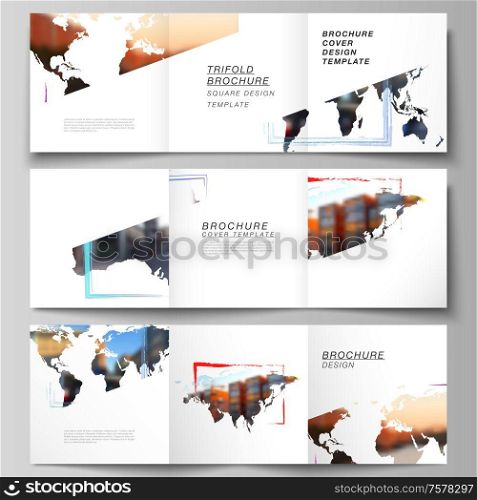 Vector layout of square format covers templates for trifold brochure, flyer, cover design, book design, brochure cover. Design template in the form of world maps and colored frames, insert your photo.. Vector layout of square format cover templates for trifold brochure, flyer, cover design, book design, brochure cover. Design template in the form of world maps and colored frames, insert your photo.