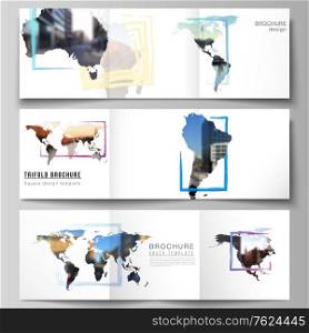 Vector layout of square format covers templates for trifold brochure, flyer, cover design, book design, brochure cover. Design template in the form of world maps and colored frames, insert your photo.. Vector layout of square format cover templates for trifold brochure, flyer, cover design, book design, brochure cover. Design template in the form of world maps and colored frames, insert your photo.