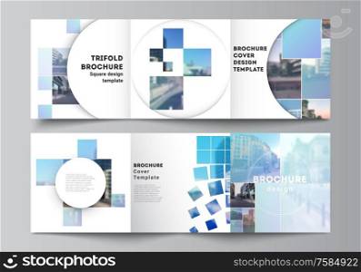 Vector layout of square format covers templates for trifold brochure, flyer, magazine, cover design, book design, brochure cover. Abstract design project in geometric style with blue squares. Vector layout of square format covers templates for trifold brochure, flyer, magazine, cover design, book design, brochure cover. Abstract design project in geometric style with blue squares.