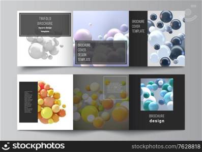 Vector layout of square format covers templates for trifold brochure, flyer, magazine, cover design, book design. Abstract realistic vector background with multicolored 3d spheres, bubbles, balls. Vector layout of square format covers templates for trifold brochure, flyer, magazine, cover design, book design. Abstract realistic vector background with multicolored 3d spheres, bubbles, balls.
