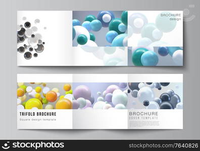 Vector layout of square format covers templates for trifold brochure, flyer, magazine, cover design, book design. Abstract realistic vector background with multicolored 3d spheres, bubbles, balls. Vector layout of square format covers templates for trifold brochure, flyer, magazine, cover design, book design. Abstract realistic vector background with multicolored 3d spheres, bubbles, balls.