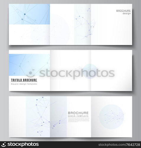 Vector layout of square format covers templates for trifold brochure, flyer, magazine, cover design, book design, brochure cover. Blue medical background with connecting lines and dots, plexus. Vector layout of square format covers templates for trifold brochure, flyer, magazine, cover design, book design, brochure cover. Blue medical background with connecting lines and dots, plexus.