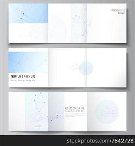 Vector layout of square format covers templates for trifold brochure, flyer, magazine, cover design, book design, brochure cover. Blue medical background with connecting lines and dots, plexus. Vector layout of square format covers templates for trifold brochure, flyer, magazine, cover design, book design, brochure cover. Blue medical background with connecting lines and dots, plexus.
