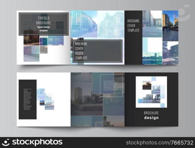 Vector layout of square format covers templates for trifold brochure, flyer, magazine, cover design, book design, brochure cover. Abstract design project in geometric style with blue squares. Vector layout of square format covers templates for trifold brochure, flyer, magazine, cover design, book design, brochure cover. Abstract design project in geometric style with blue squares.