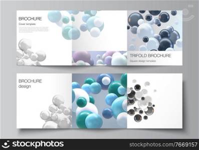 Vector layout of square format covers templates for trifold brochure, flyer, magazine, cover design, book design. Abstract realistic vector background with multicolored 3d spheres, bubbles, balls. Vector layout of square format covers templates for trifold brochure, flyer, magazine, cover design, book design. Abstract realistic vector background with multicolored 3d spheres, bubbles, balls.
