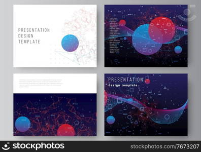 Vector layout of the presentation slides design business template, multipurpose template for presentation brochure. Artificial intelligence, big data visualization. Quantum computer technology concept.. Vector layout of the presentation slides design business template, multipurpose template for presentation brochure. Artificial intelligence, big data visualization. Quantum computer technology concept