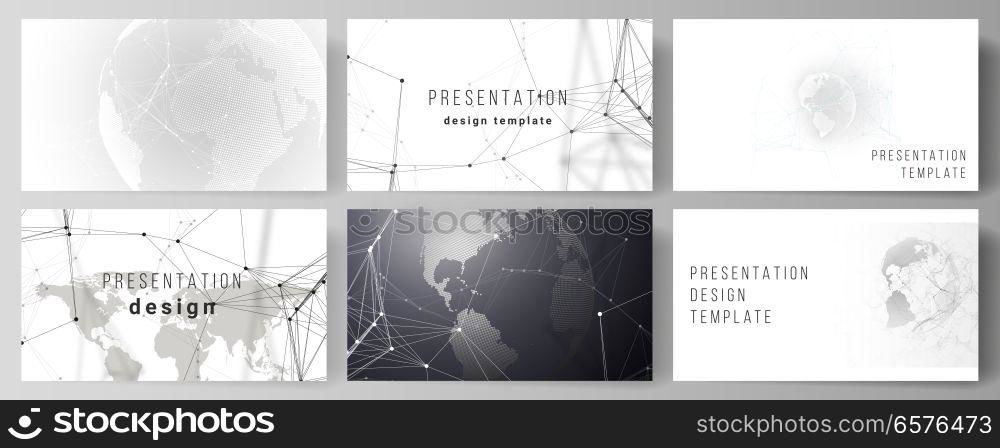 Vector layout of the presentation slides design business templates. Futuristic geometric design with world globe, connecting lines and dots. Global network connections, technology digital concept. Vector layout of the presentation slides design business templates. Futuristic geometric design with world globe, connecting lines and dots. Global network connections, technology digital concept.