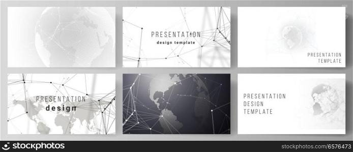 Vector layout of the presentation slides design business templates. Futuristic geometric design with world globe, connecting lines and dots. Global network connections, technology digital concept. Vector layout of the presentation slides design business templates. Futuristic geometric design with world globe, connecting lines and dots. Global network connections, technology digital concept.