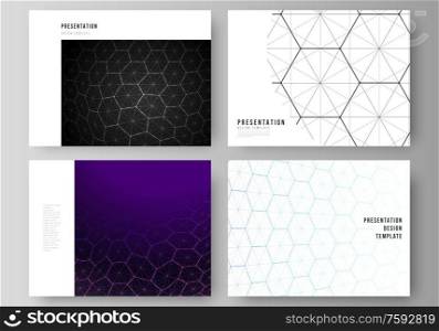 Vector layout of the presentation slides design business templates. Digital technology and big data concept with hexagons, connecting dots and lines, polygonal science medical background. Vector layout of the presentation slides design business templates. Digital technology and big data concept with hexagons, connecting dots and lines, polygonal science medical background.