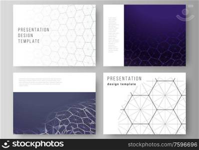 Vector layout of the presentation slides design business templates. Digital technology and big data concept with hexagons, connecting dots and lines, polygonal science medical background. Vector layout of the presentation slides design business templates. Digital technology and big data concept with hexagons, connecting dots and lines, polygonal science medical background.