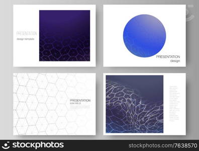 Vector layout of the presentation slides design business templates. Digital technology and big data concept with hexagons, connecting dots and lines, polygonal science medical background. Vector layout of the presentation slides design business templates. Digital technology and big data concept with hexagons, connecting dots and lines, polygonal science medical background.