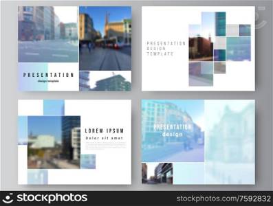 Vector layout of the presentation slides design business templates, multipurpose template for presentation brochure, brochure cover. Abstract design project in geometric style with blue squares. Vector layout of the presentation slides design business templates, multipurpose template for presentation brochure, brochure cover. Abstract design project in geometric style with blue squares.