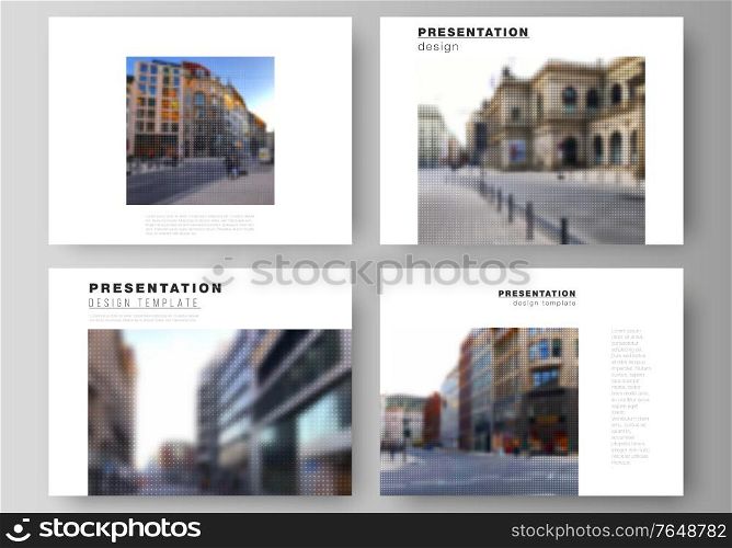 Vector layout of the presentation slides design business templates, multipurpose template for presentation brochure, brochure cover. Halftone effect decoration with dots. Dotted pattern decoration. Vector layout of the presentation slides design business templates, multipurpose template for presentation brochure, brochure cover. Halftone effect decoration with dots. Dotted pattern decoration.