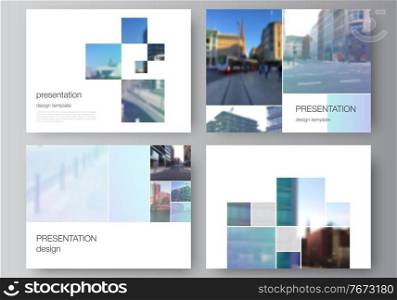 Vector layout of the presentation slides design business templates, multipurpose template for presentation brochure, brochure cover. Abstract design project in geometric style with blue squares. Vector layout of the presentation slides design business templates, multipurpose template for presentation brochure, brochure cover. Abstract design project in geometric style with blue squares.