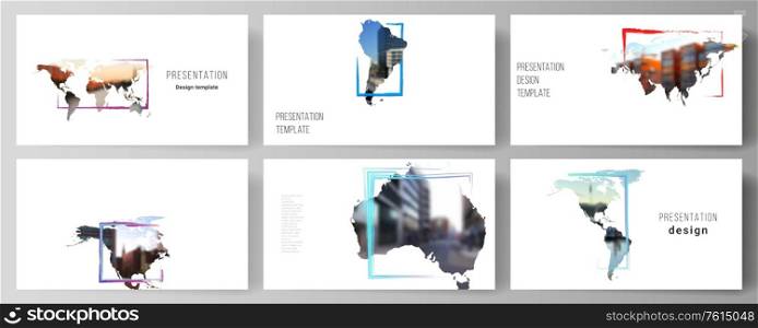 Vector layout of the presentation slides design business templates, multipurpose template for presentation brochure. Design template in the form of world maps and colored frames, insert your photo. Vector layout of the presentation slides design business templates, multipurpose template for presentation brochure. Design template in the form of world maps and colored frames, insert your photo.