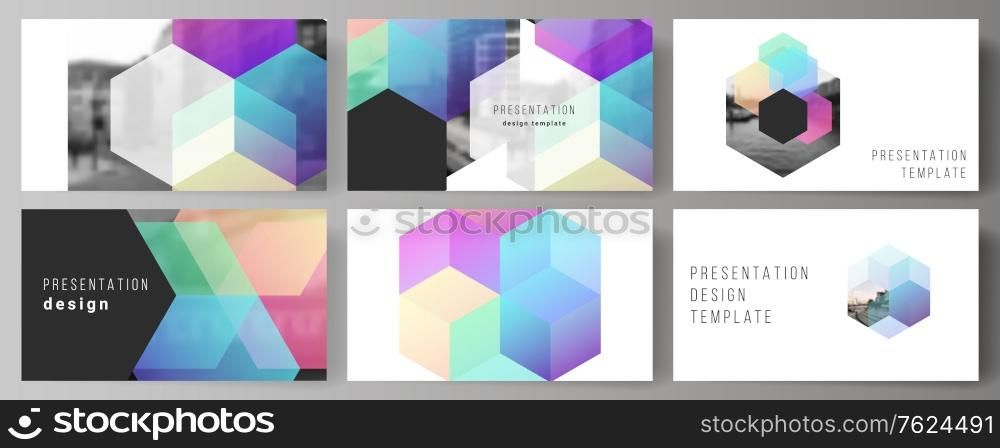 Vector layout of the presentation slides design business templates, multipurpose template with colorful hexagons, geometric shapes, tech background for presentation brochure, brochure cover, report. Vector layout of the presentation slides design business templates, multipurpose template with colorful hexagons, geometric shapes, tech background for presentation brochure, brochure cover, report.