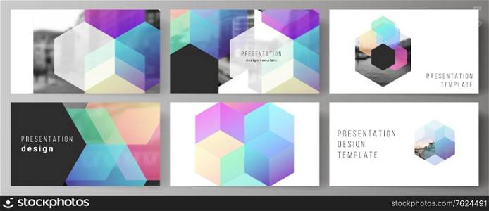 Vector layout of the presentation slides design business templates, multipurpose template with colorful hexagons, geometric shapes, tech background for presentation brochure, brochure cover, report. Vector layout of the presentation slides design business templates, multipurpose template with colorful hexagons, geometric shapes, tech background for presentation brochure, brochure cover, report.