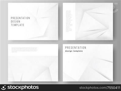 Vector layout of the presentation slides design templates, multipurpose template for presentation brochure, business report. Halftone dotted background with gray dots, abstract gradient background. Vector layout of the presentation slides design templates, multipurpose template for presentation brochure, brochure cover. Halftone dotted background with gray dots, abstract gradient background