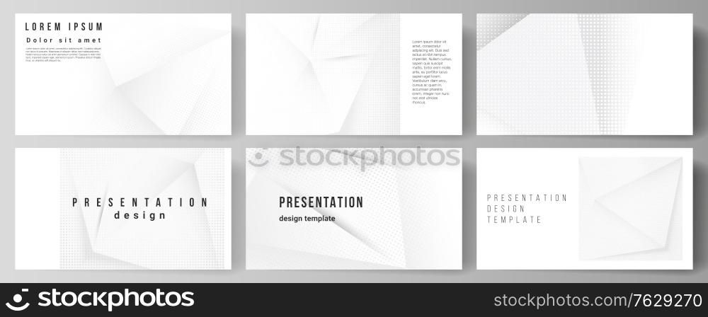 Vector layout of the presentation slides design templates, multipurpose template for presentation brochure, business report. Halftone dotted background with gray dots, abstract gradient background. Vector layout of the presentation slides design templates, multipurpose template for presentation brochure, brochure cover. Halftone dotted background with gray dots, abstract gradient background