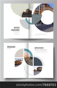 Vector layout of two A4 cover mockups design template for bifold brochure, flyer, cover design, book, brochure cover. Background with abstract circle round banners. Corporate business concept template.. Vector layout of two A4 cover mockups design template for bifold brochure, flyer, cover design, book, brochure cover. Background with abstract circle round banners. Corporate business concept template