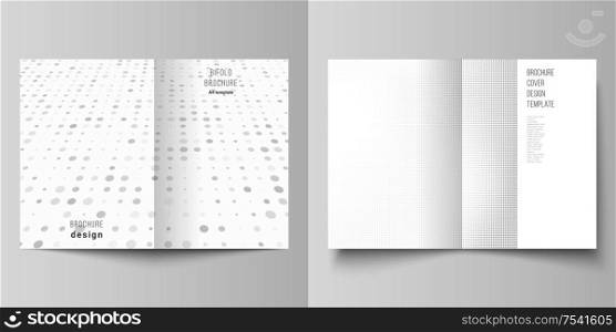 Vector layout of two A4 cover mockups design templates for bifold brochure, flyer, cover design, book design. Abstract halftone effect decoration with dots. Dotted pattern for grunge style decoration. Vector layout of two A4 cover mockups design templates for bifold brochure, flyer, cover design, book design. Abstract halftone effect decoration with dots. Dotted pattern for grunge style decoration.